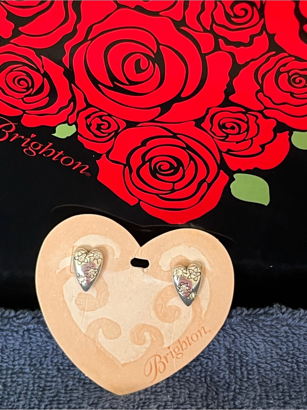 Brighton Silver Tone Floral Heart Swarovski Crystal Stud Post Earrings